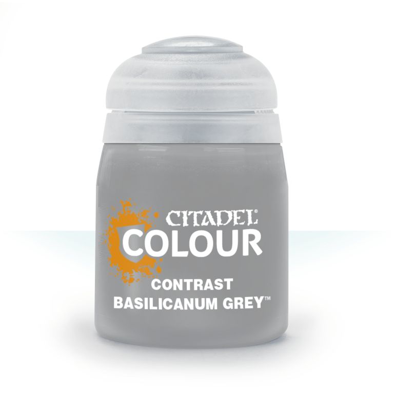 A pot of Citadel Contrast paint in Basilicanum Grey color.
