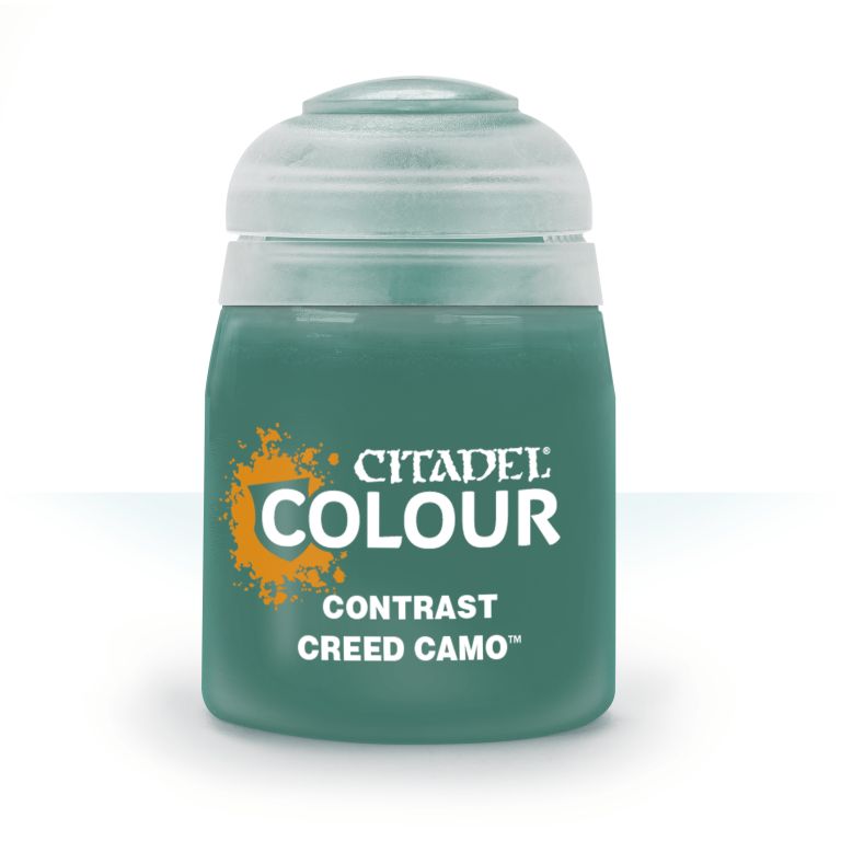 A pot of Citadel Colour paint in the shade 'Creed Camo'. The product is designed for model painting and provides a base and shading in a single application.