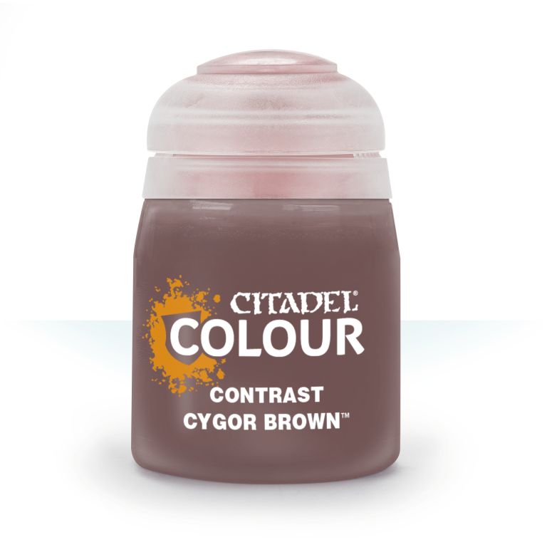 A pot of Citadel Contrast paint in the color Cygor Brown.