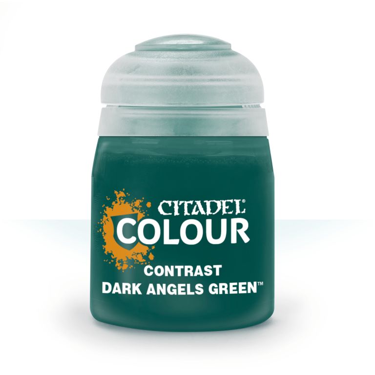 A pot of Citadel Contrast paint in Dark Angels Green color.