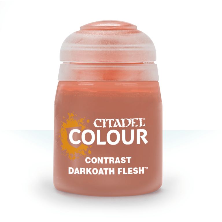 A pot of Citadel Contrast paint in the color 'Darkoath Flesh'. The product is designed for painting models and vehicles.