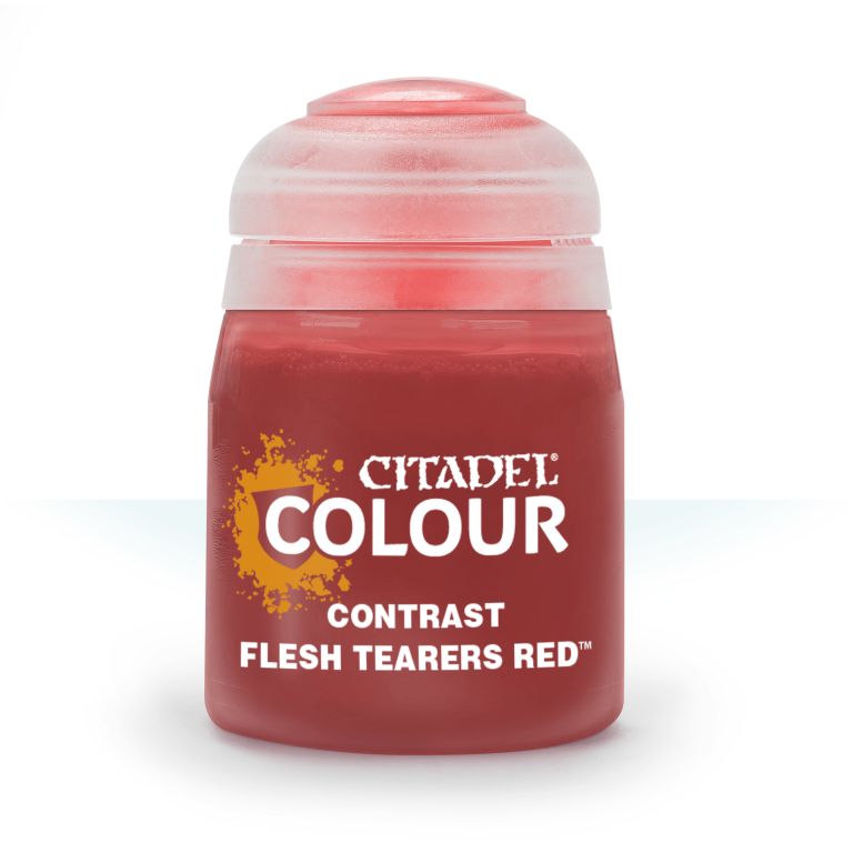 A pot of Citadel Contrast paint in Fleshtearers Red color, used for model painting.