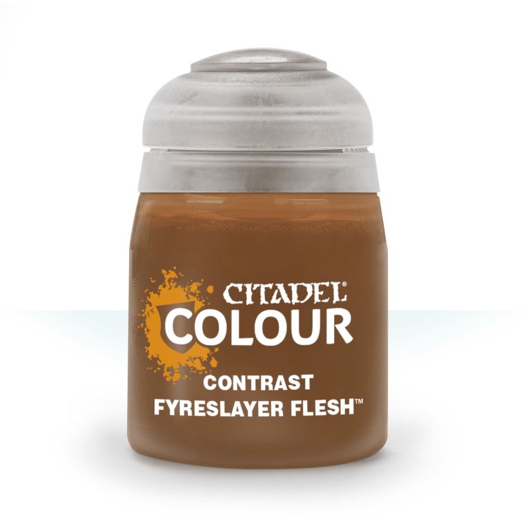 A pot of Citadel Contrast paint in the color 'Fyreslayer Flesh'. The product is designed for model painting, providing a base, shading, and highlights in a single application.