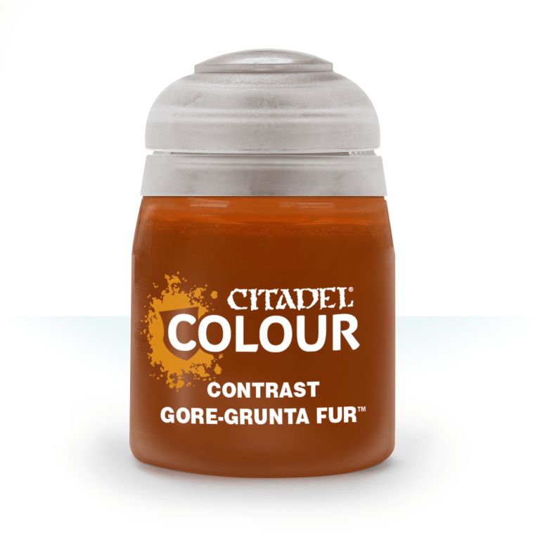 A pot of Citadel Contrast paint in the shade 'Gore-Grunta Fur', primarily brown in color with a white lid and branding details.