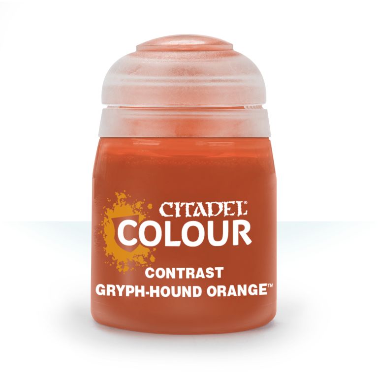 A pot of Citadel Contrast paint in Gryph-Hound Orange color.