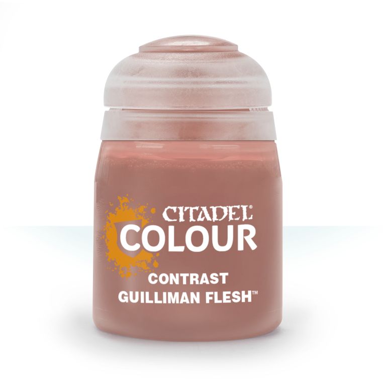A pot of Citadel Contrast paint in the color 'Guilliman Flesh'. The product is designed for painting models to add flesh tones with a single application.
