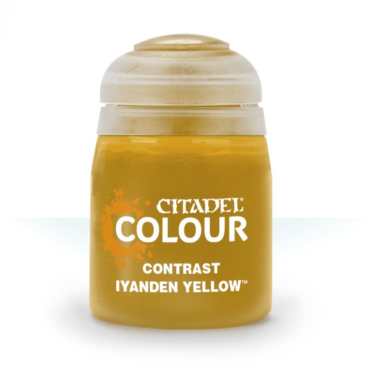 A pot of Citadel Contrast paint in Iyanden Yellow color, used for model painting.
