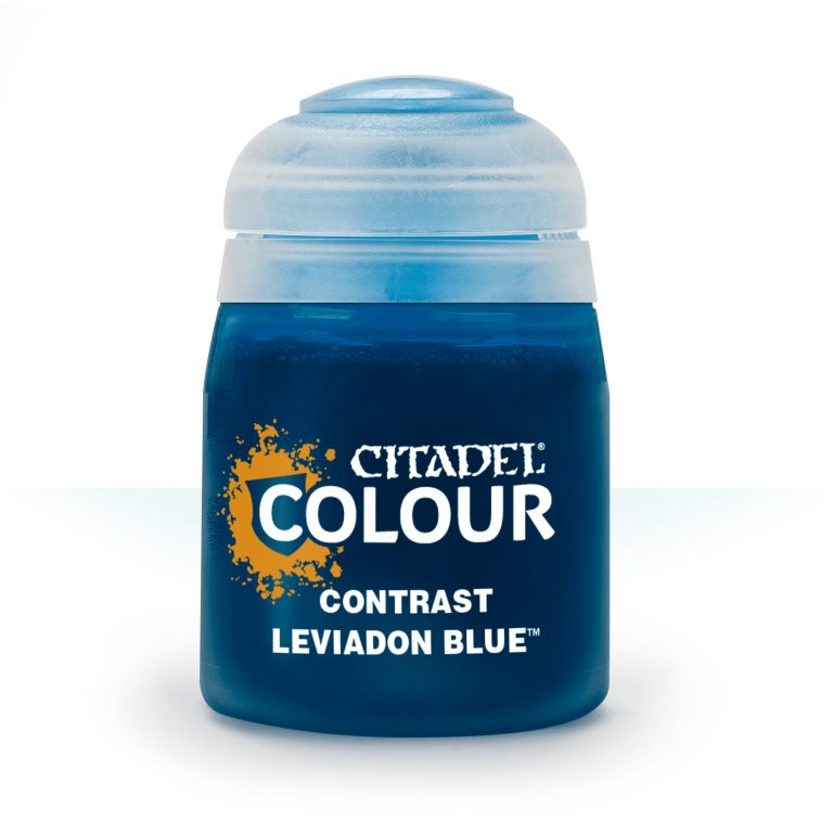 A pot of Citadel Contrast paint in Leviadon Blue color.