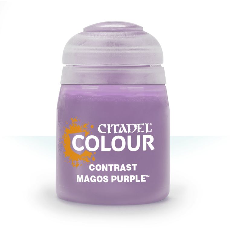 A pot of Citadel Contrast paint in Magos Purple color.