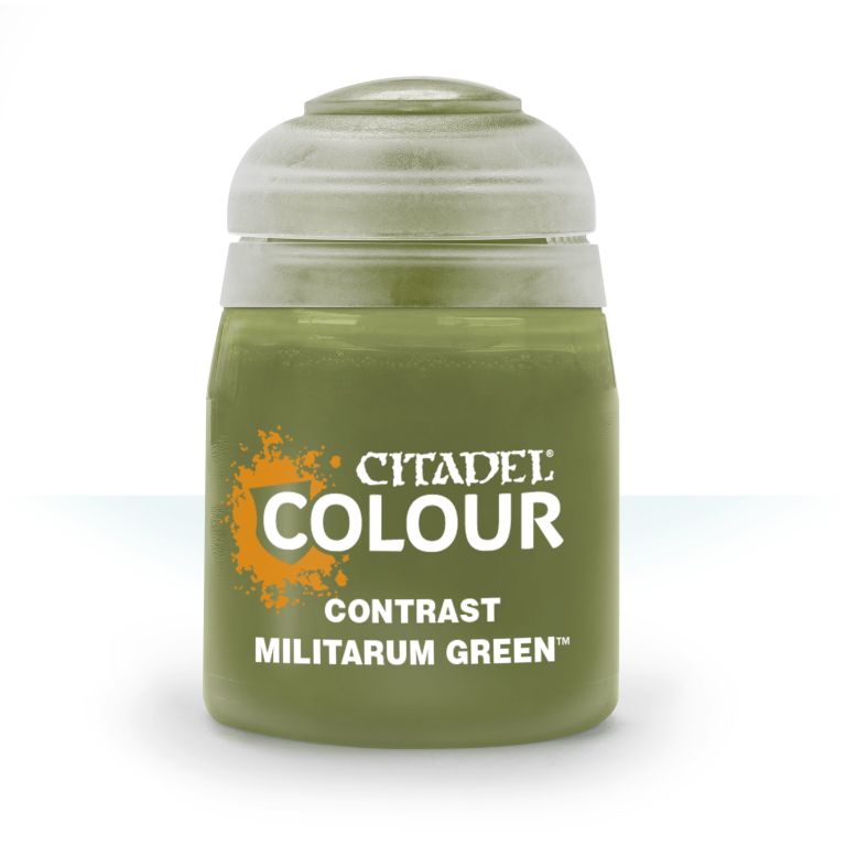 A pot of Citadel Contrast paint in Militarum Green color.