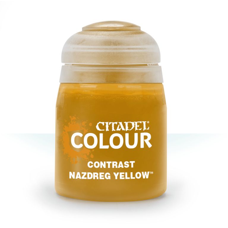 A pot of Citadel Contrast paint in Nazdreg Yellow color.