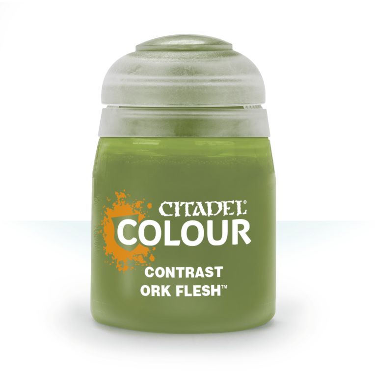 A pot of Citadel Contrast paint in the color 'Ork Flesh', primarily used for model painting.