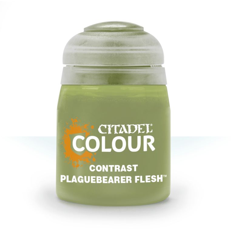 A pot of Citadel Contrast paint in the color 'Plaguebearer Flesh', primarily used for model painting.