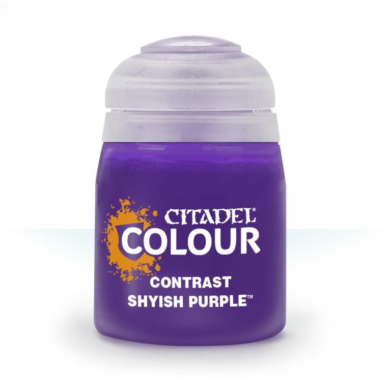 A pot of Citadel Contrast paint in Shyish Purple color.