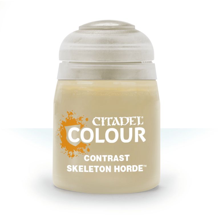 A pot of Citadel Contrast paint in the shade 'Skeleton Horde', primarily beige in color with product name and branding visible.
