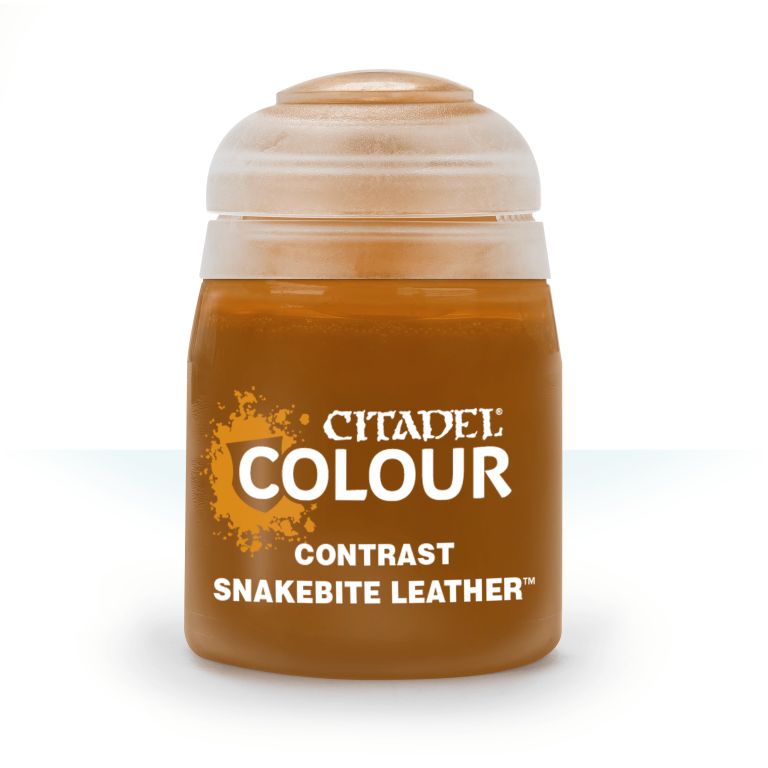 A pot of Citadel Contrast paint in the color Snakebite Leather.