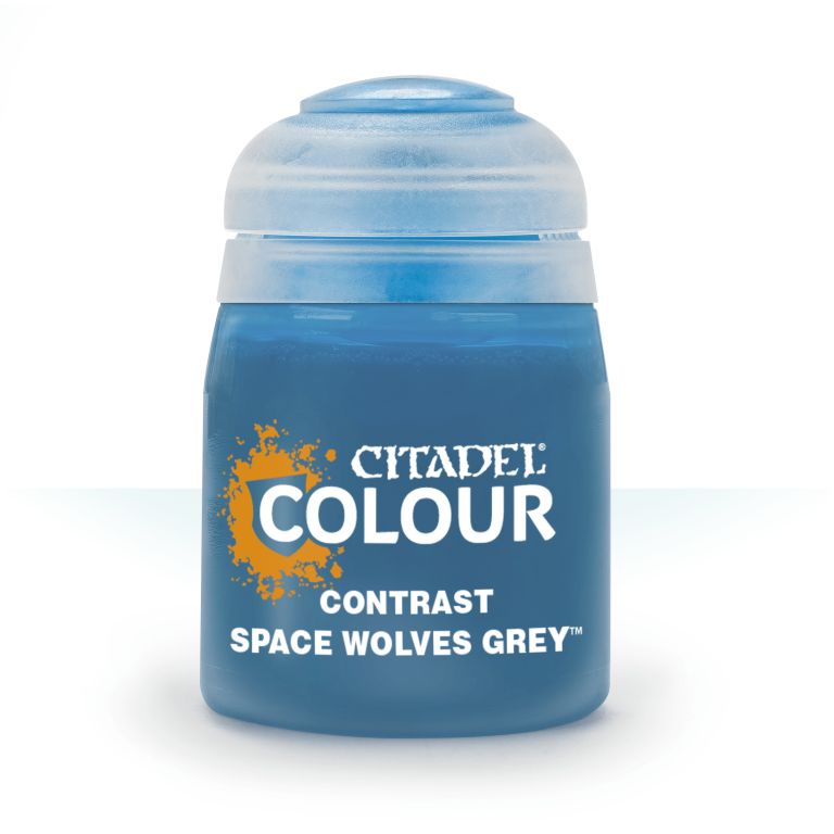 A pot of Citadel Contrast paint in the color 'Space Wolves Grey', with a capacity of 18ml.