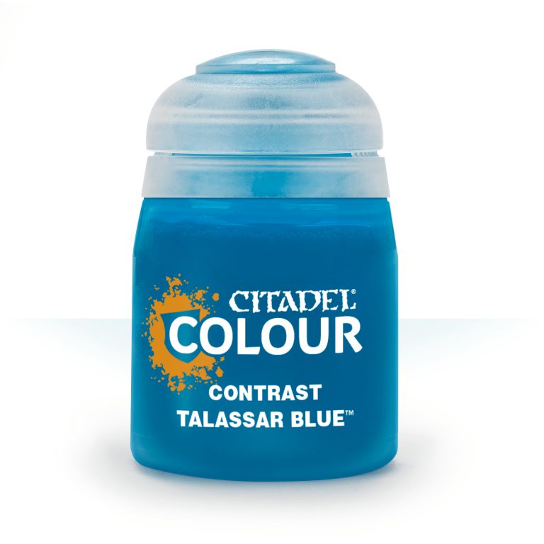 A pot of Citadel Contrast paint in the color Talassar Blue.