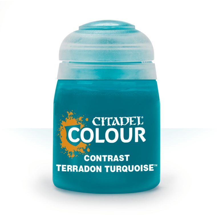 A pot of Citadel Contrast paint in Terradon Turquoise color.