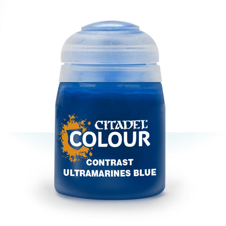 A pot of Citadel Contrast paint in Ultramarines Blue color, used for model painting.