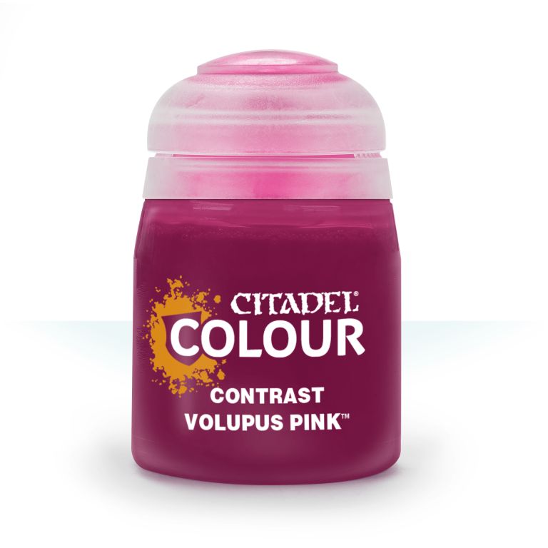 A pot of Citadel Contrast paint in Volupus Pink color.