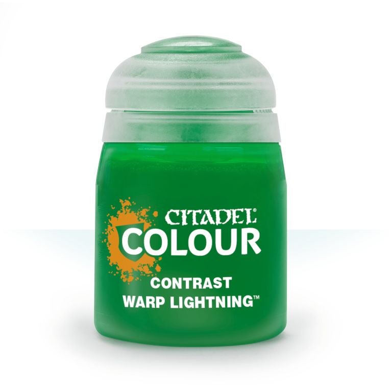 A pot of Citadel Contrast paint in green color, labeled 'Warp Lightning'. The paint is intended for model painting and provides a vivid base and realistic shading.