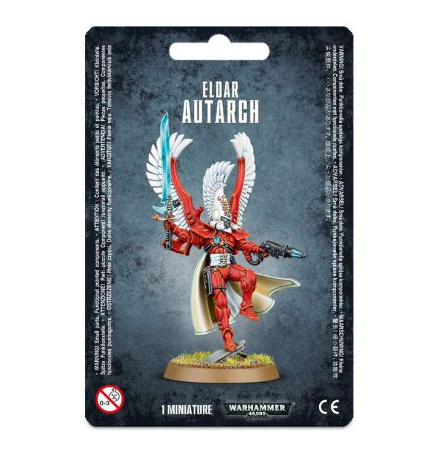 Packaging for Aeldari Winged Autarch miniature, featuring the assembled and painted model on a card with product information.