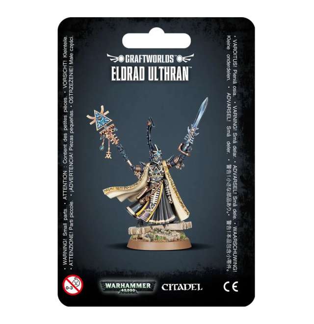 Packaging for Aeldari Eldrad Ulthran miniature, featuring the assembled and painted model on a black background with game branding.