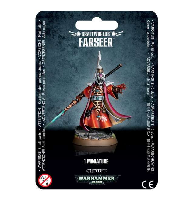 Packaging for Aeldari Farseer miniature from Warhammer 40,000, featuring the figure with a singing spear.