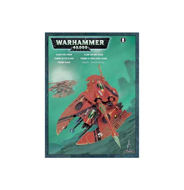 A box set of Warhammer 40,000 featuring a multicolored Aeldari Fire Prism or Nightspinner vehicle with intricate design details.