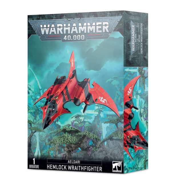 Product packaging for Warhammer 40,000 Aeldari Hemlock Wraithfighter or Crimson Hunter, featuring a red and black spacecraft.