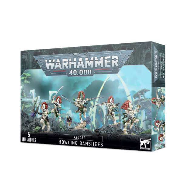 Packaging for Warhammer 40,000 Aeldari Howling Banshees miniatures game, featuring illustrations of the characters on the front.