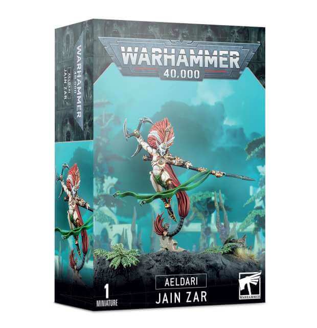 Product packaging for Warhammer 40,000 featuring Aeldari Phoenix Lord Jain Zar. The box displays the miniatures and the name of the character.