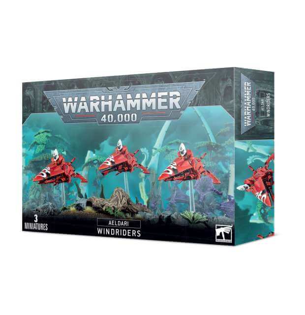 Packaging for Warhammer 40,000 Aeldari Windriders miniatures, showing the completed models and the box art with a fantasy landscape.