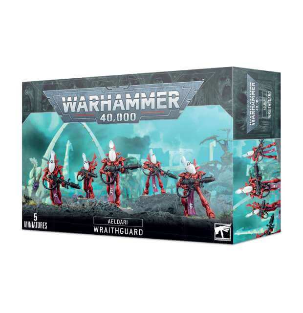 Packaging for Warhammer 40,000 Aeldari Wraithguard miniatures, featuring five figures in a plastic blister pack with a blue and green otherworldly landscape in the background.