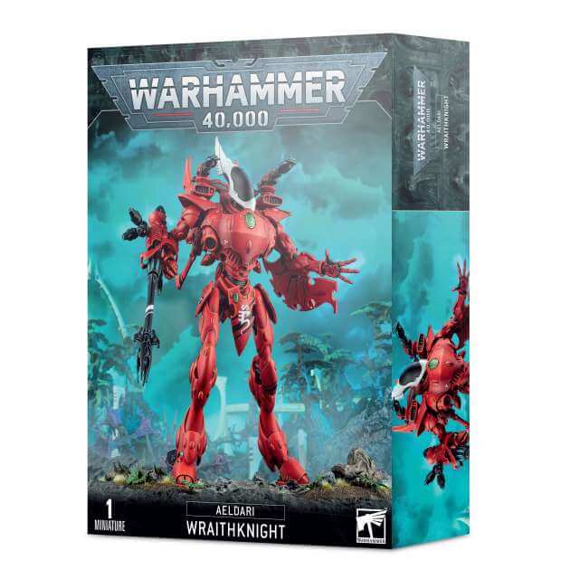 Packaging for Warhammer 40,000 Aeldari Wraithknight figure, featuring the assembled and painted model on the front.