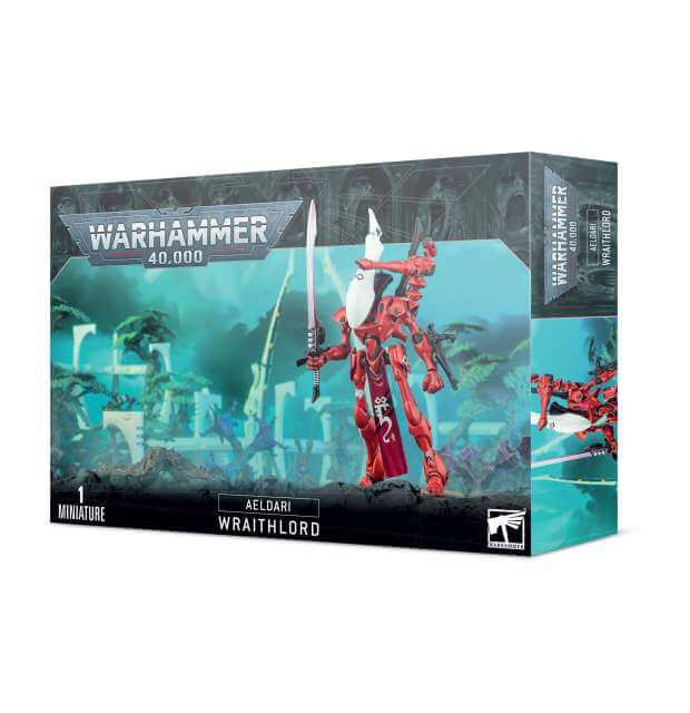 Packaging for Warhammer 40,000 Aeldari Wraithlord miniature, featuring the assembled and painted model on the box art.