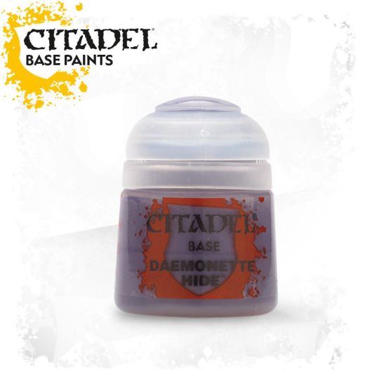 A pot of Citadel Base paint in the shade 'Daemonette Hide', designed for use on plastic, metal, and resin Citadel miniatures.
