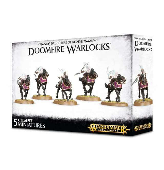 Packaging for Da Da of Khaine Doomfire Warlocks miniature figures, showing five mounted fantasy characters in a box with Games Workshop branding.