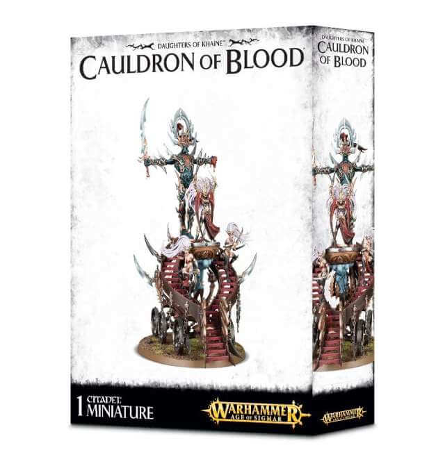 Packaging for the Warhammer AoS Daughters of Khaine Cauldron of Blood miniature kit featuring a multi-layered structure with a warband leader and an army standard.