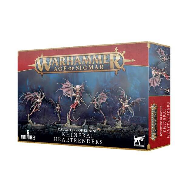 Product packaging for Warhammer Age of Sigmar game featuring illustrations of Khinerai Heartrenders, a fantasy army of airborne creatures with horned helmets and large wings.