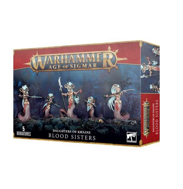 Product packaging for 'Daughters of Khaine Blood Sisters' featuring illustrations of the miniatures with twisted serpent legs and full-face masks.