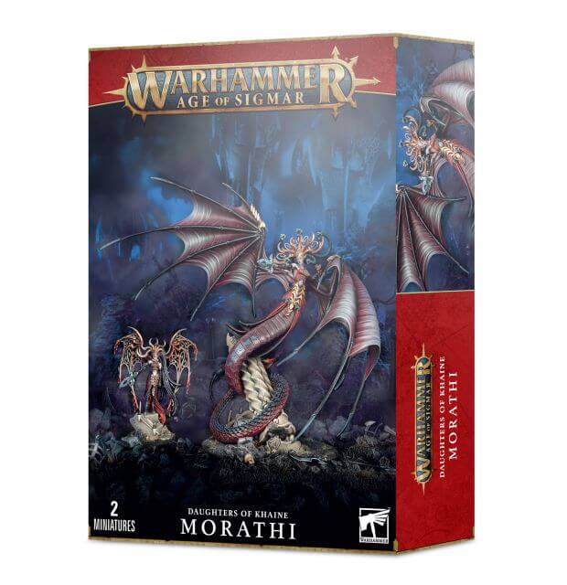 Product packaging for 'Daughters of Khaine Morathi' featuring two miniatures, with the box art depicting a dark, mystical fantasy scene with a central focus on the fantasy creatures.