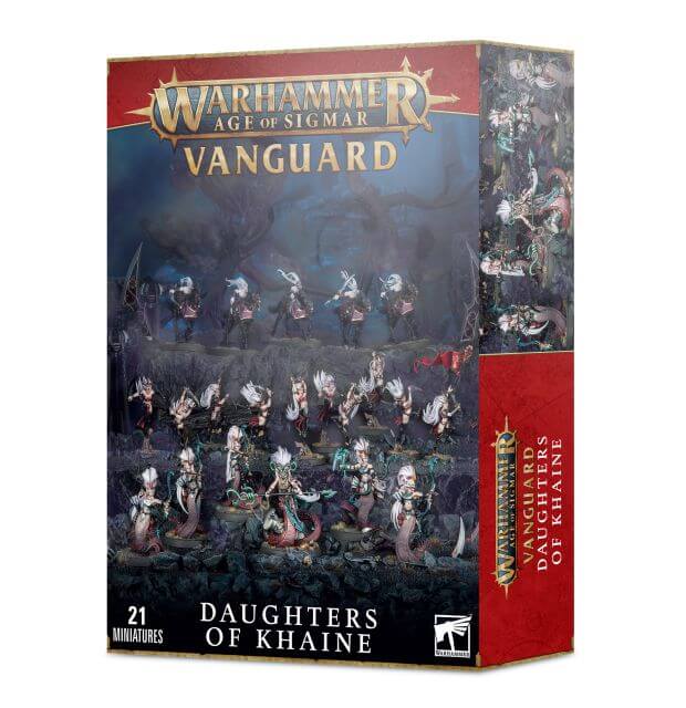 Box packaging for Warhammer Age of Sigmar Vanguard Daughters of Khaine miniatures set, featuring illustrations of the characters and the name of the product.