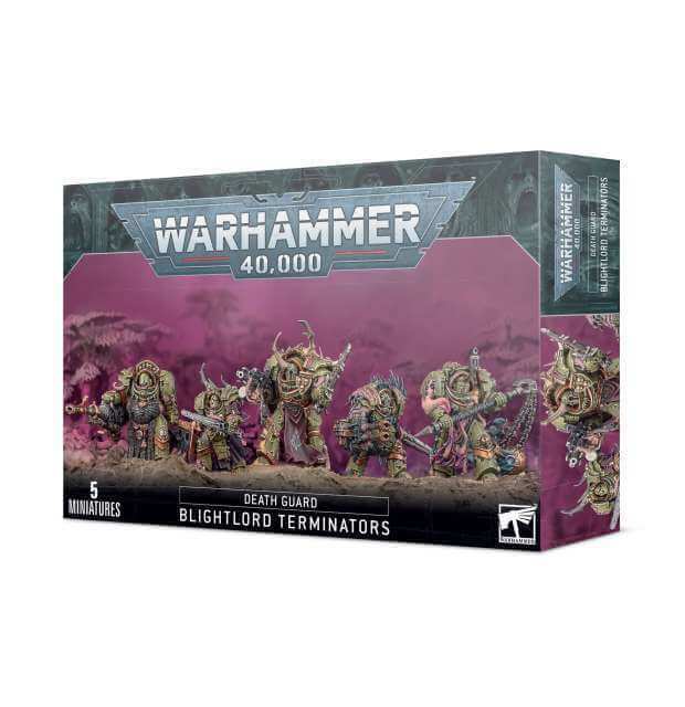 Product packaging for Warhammer 40,000 Blightlord Terminators miniature figures, featuring an illustration of the assembled terminators in a combat pose.