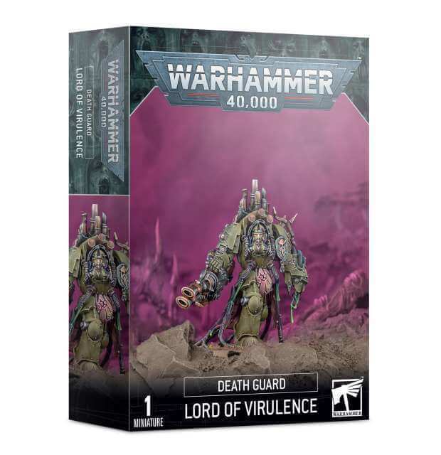 Product packaging for 'Death Guard Lord of Virulence' featuring a detailed illustration of a warrior on the front, with pink and purple tones in the background.