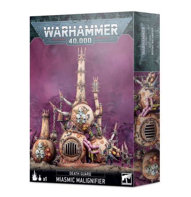 Product packaging for Warhammer 40,000 Miasmic Malignifier terrain kit, featuring a detailed illustration of the piece.