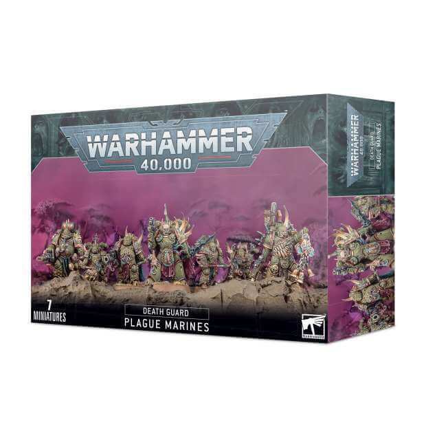Boxed Warhammer 40,000 Death Guard Plague Marines miniature figures featuring members of the unit with various weapons and accoutrements.