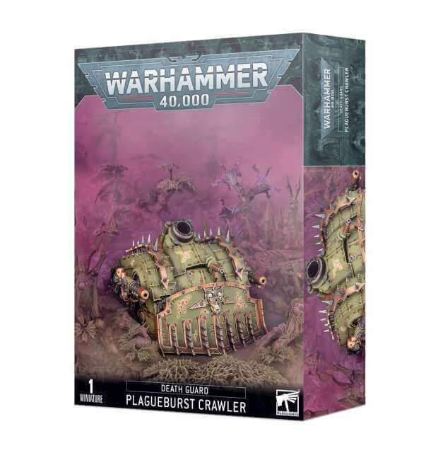 Product packaging for Warhammer 40,000 Death Guard PlagueBurst Crawler, featuring a depiction of the assembled vehicle with a large dozer blade and corrosion details, against a pink and purple background.
