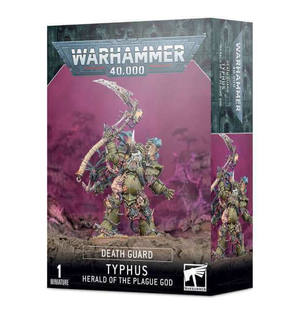 Product packaging for 'Death Guard Typhus, Herald of Plague' featuring a illustrated model with rotting flesh and armor, holding a manreaper blade and standing on Imperial masonry.